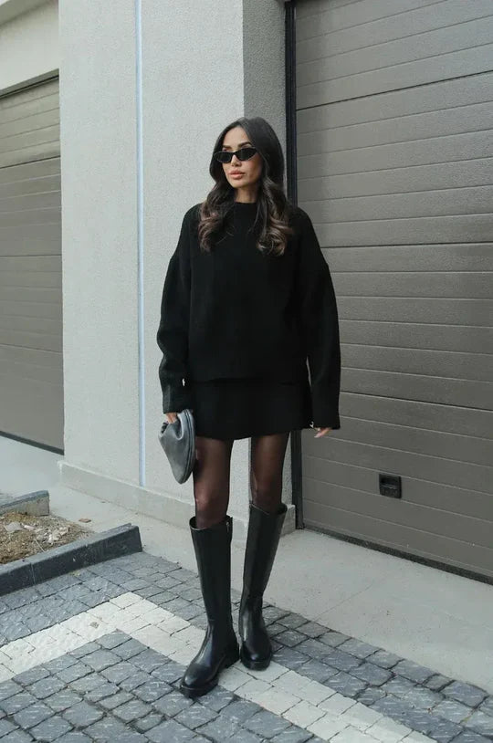 ZXX | Premium Ribbed Knit Skirt Suit Set - Oversized Sweater & Pencil Skirt (Two-Piece)