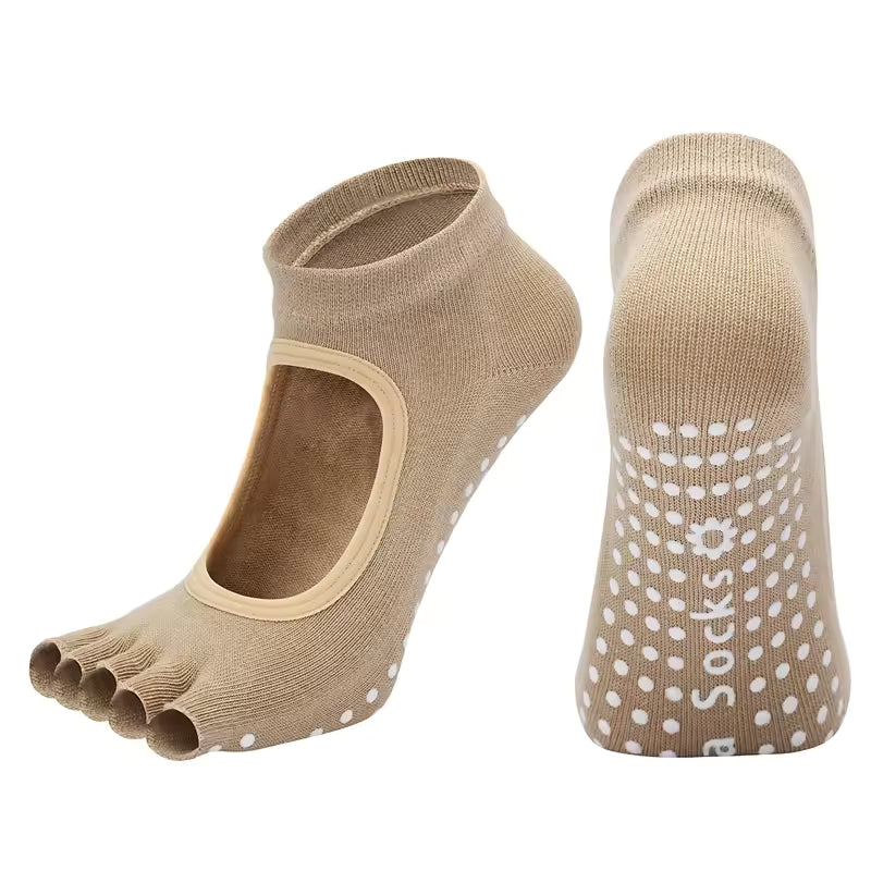 Beige Yoga Pilates Grip Socks for Women with Non-Slip Grip