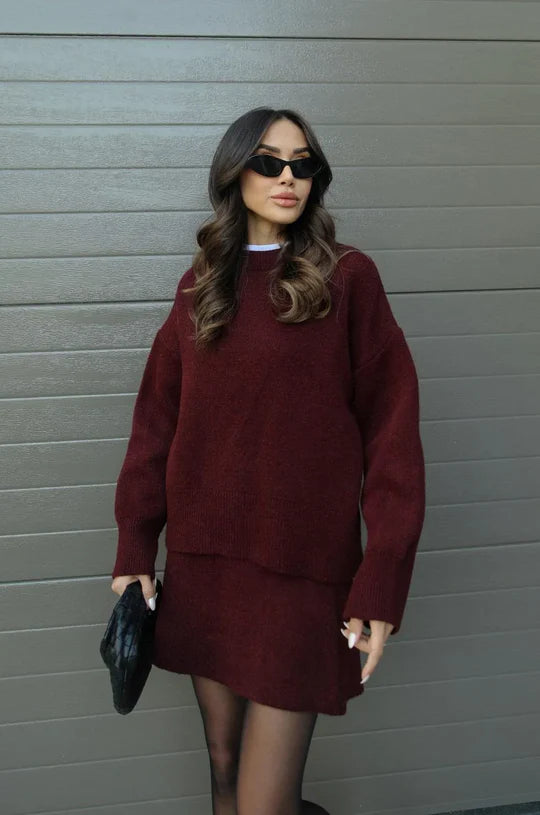ZXX | Premium Ribbed Knit Skirt Suit Set - Oversized Sweater & Pencil Skirt (Two-Piece)