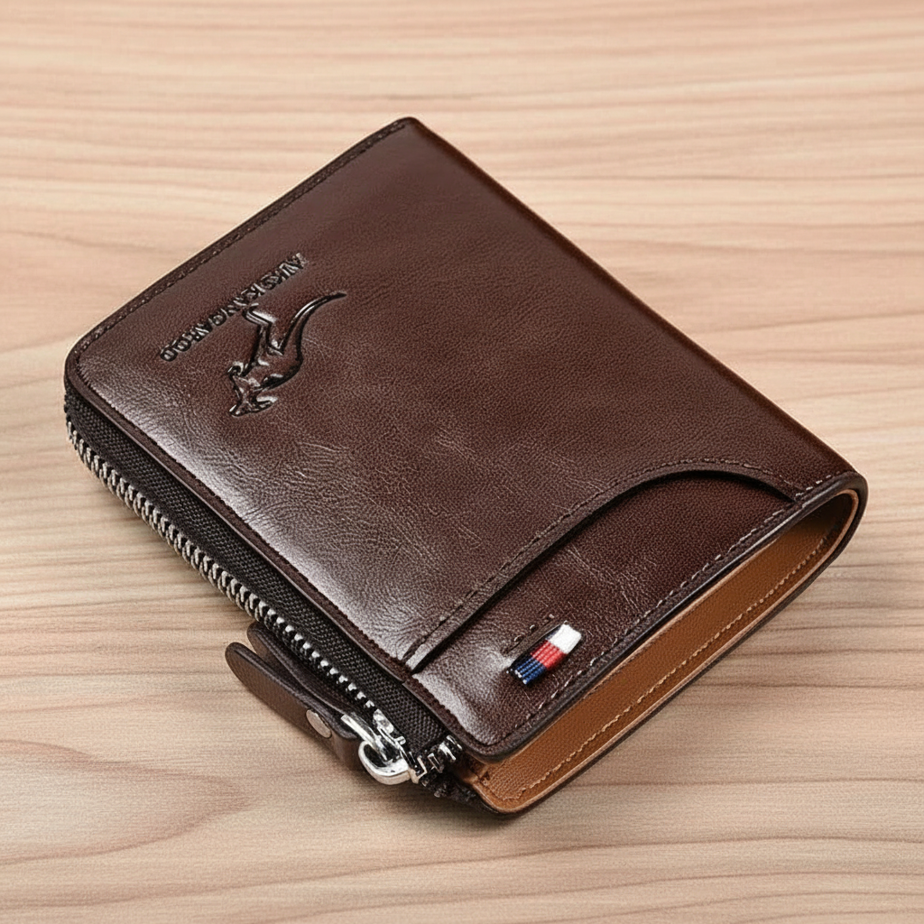 Men’s Premium Leather Zip Wallet – RFID Security & Waterproof Finish